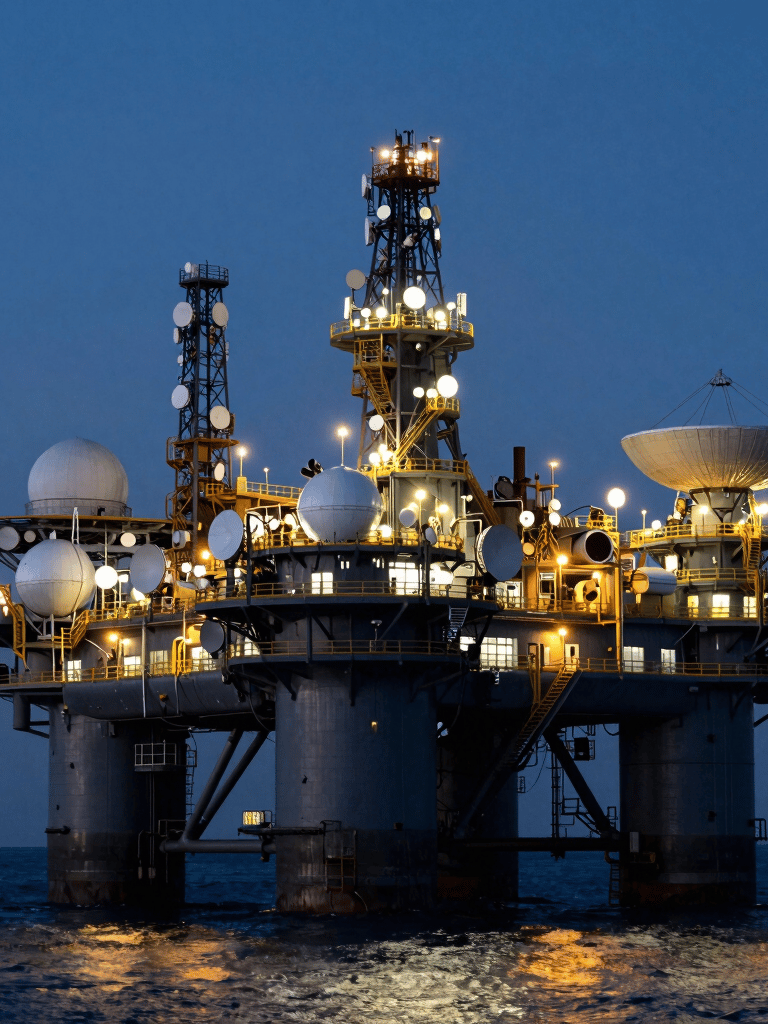 A high-impact dusk photograph of massive industrial oil rigs integrated with modern telecommunication satcom domes and antennas in North America. The scene is illuminated by glowing amber industrial lights, creating strong reflections against the dark metallic hulls and the deep indigo evening sea. Powerful, dramatic composition with low-key premium lighting.