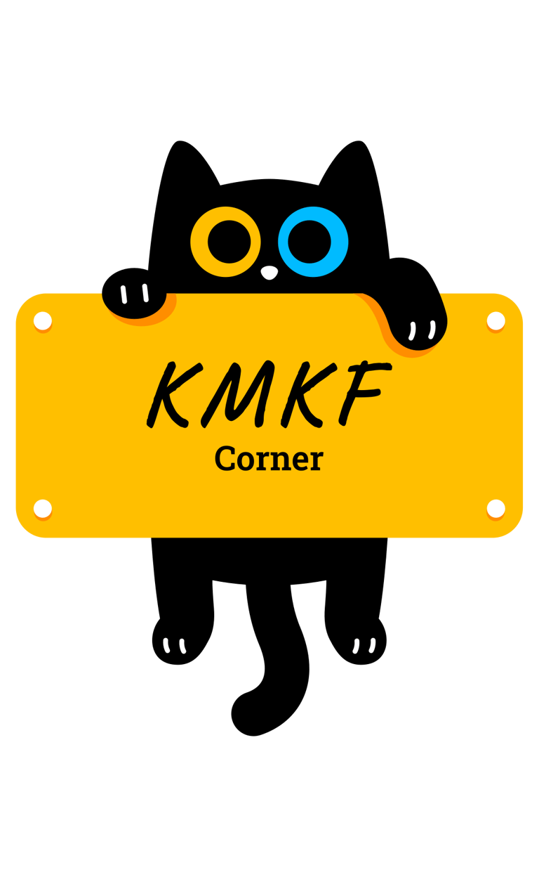 a black cat with a yellow sign that says kmkf corner