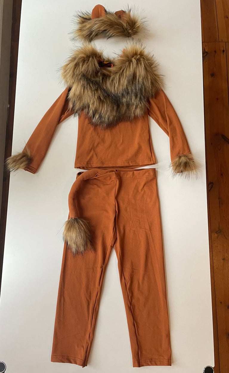Kids lion costume set with faux fur mane, headband ears, and tail on pants and top.