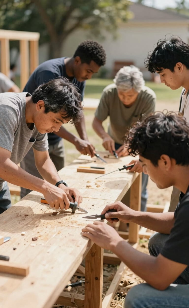 Diverse community members of all ages actively building a house, hands-on, with tools, bright natural daylight, warm gritty tones, candid action, shallow depth of field.