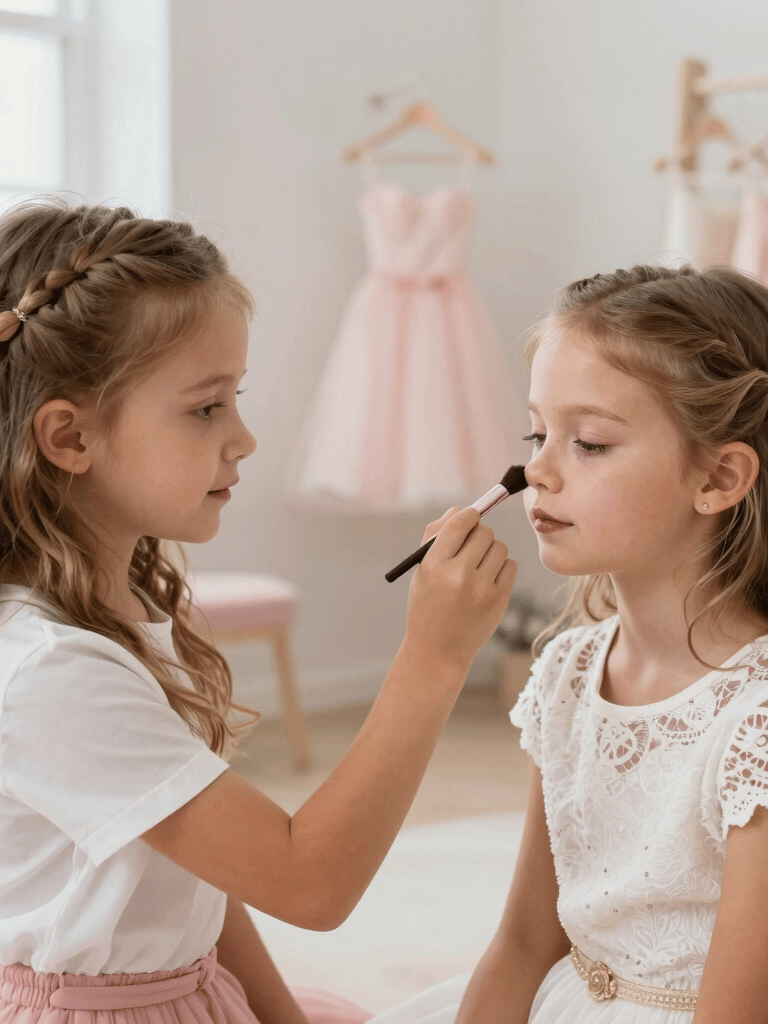 Two young girls with braided hair play dress up while applying makeup with a brush.