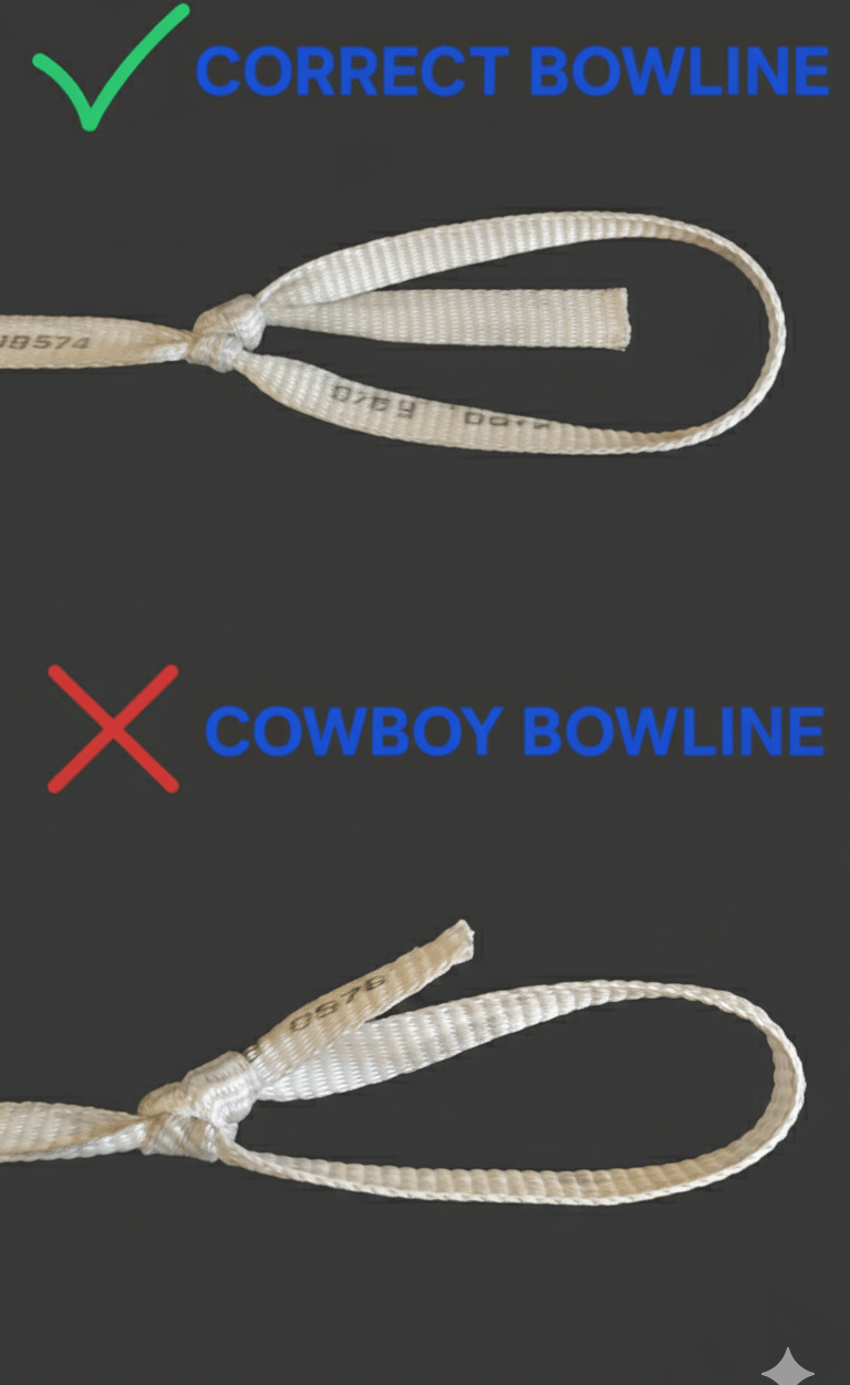 Correctly tied Bowline versus Cowboy Bowline (left-handed Bowline)