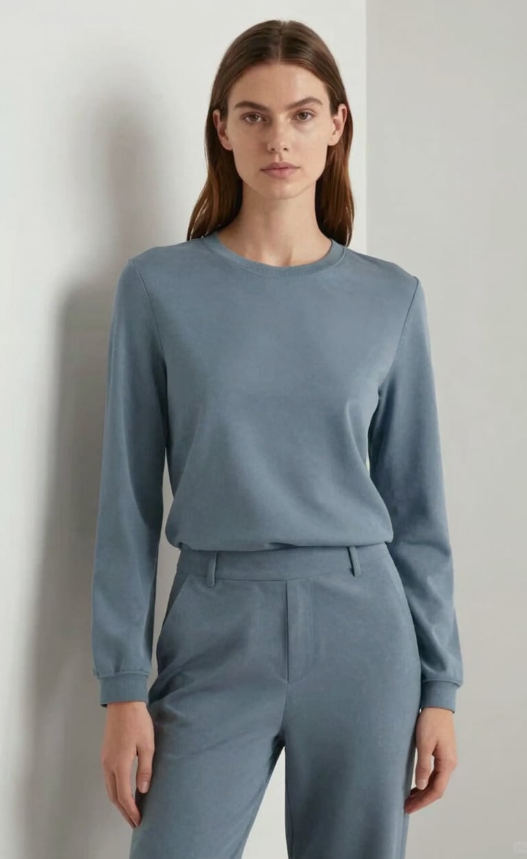 A stylish fashion model posing against a minimalist Scandinavian backdrop, clean lines, wearing contemporary outfit, natural textures, soft shadows, incorporating shades of #74A8AE.