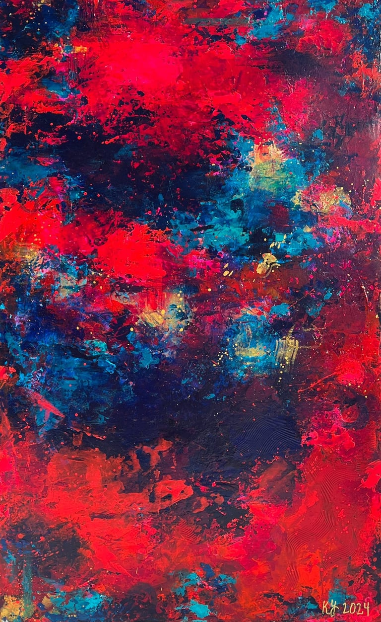 Kate Young abstract painting, size 48x30, blue and pink, Guelph artist