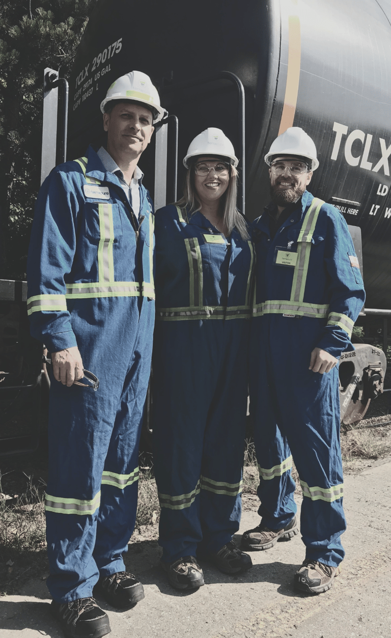 Chandra Blouin Vitomir at oil refinery plant in north vancouver near railcar