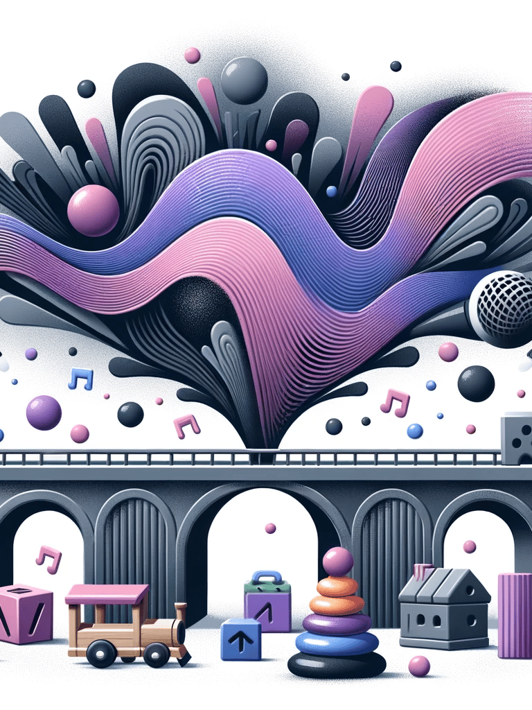 a colorful illustration of a train on a bridge