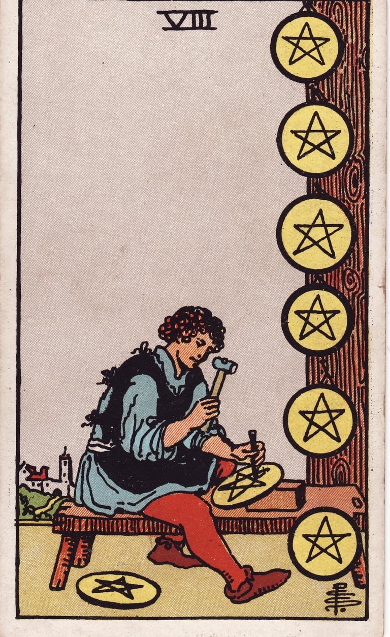 Eight of Pentacles Tarot Card Meaning Reading Description 