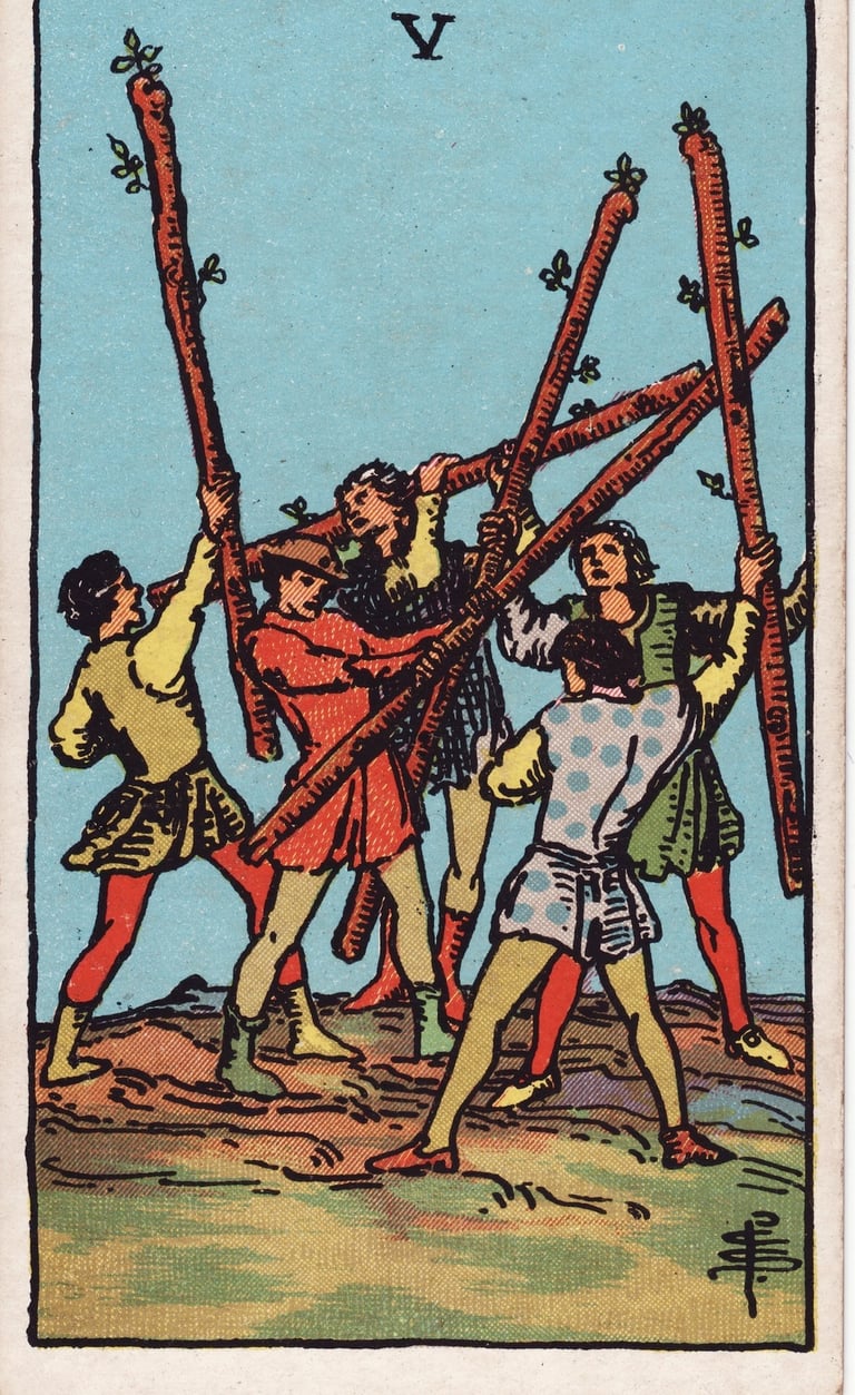 Five of Wands Tarot Card Meaning Reading Description – Discover the meaning of the Five of Wands
