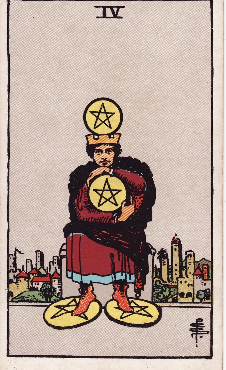 Four of Pentacles Tarot Card Meaning Reading Description