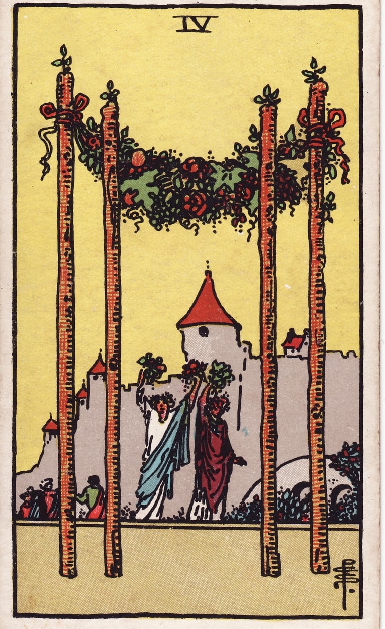 Four of Wands Tarot Card Meaning Reading Description – Explore the meaning of the Four of Wands 