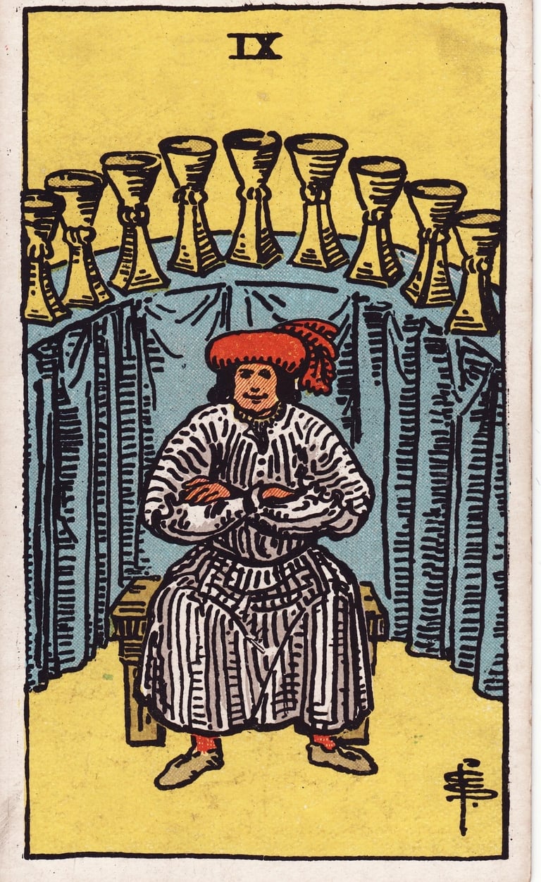 Nine of Cups Tarot Card Meaning Reading Description – Learn the meaning of the Nine of Cups tarot