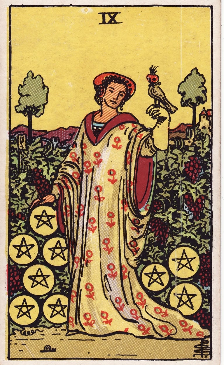 Nine of Pentacles Tarot Card Meaning Reading Description