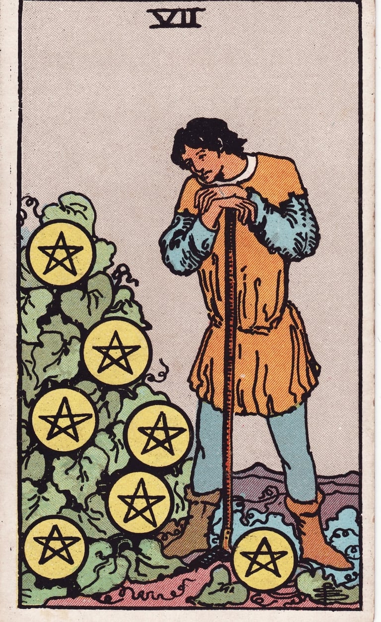 Seven of Pentacles Tarot Card Meaning Reading Description