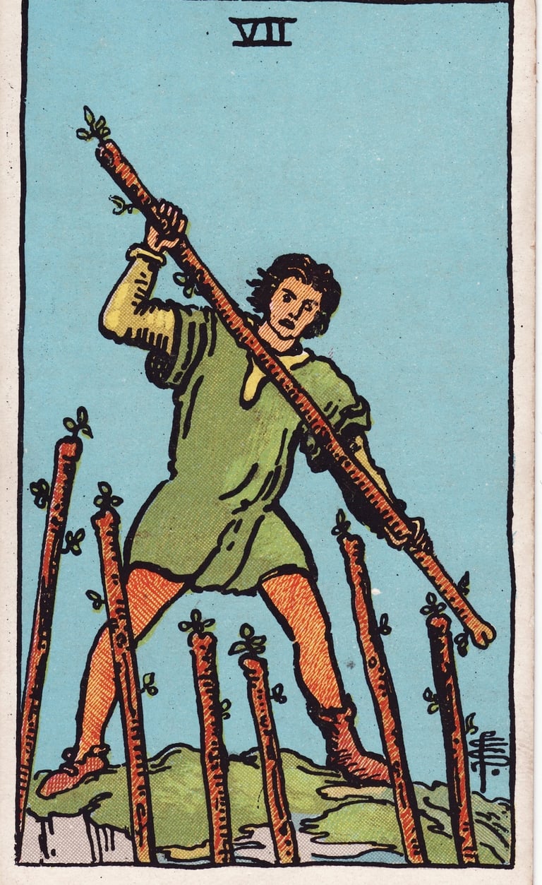 Seven of Wands Tarot Card Meaning Reading Description – Explore the meaning of the Seven of Wands