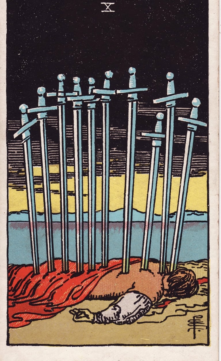 Ten of Swords Tarot Card Meaning Reading Description – Explore the meaning of the Ten of Swords card