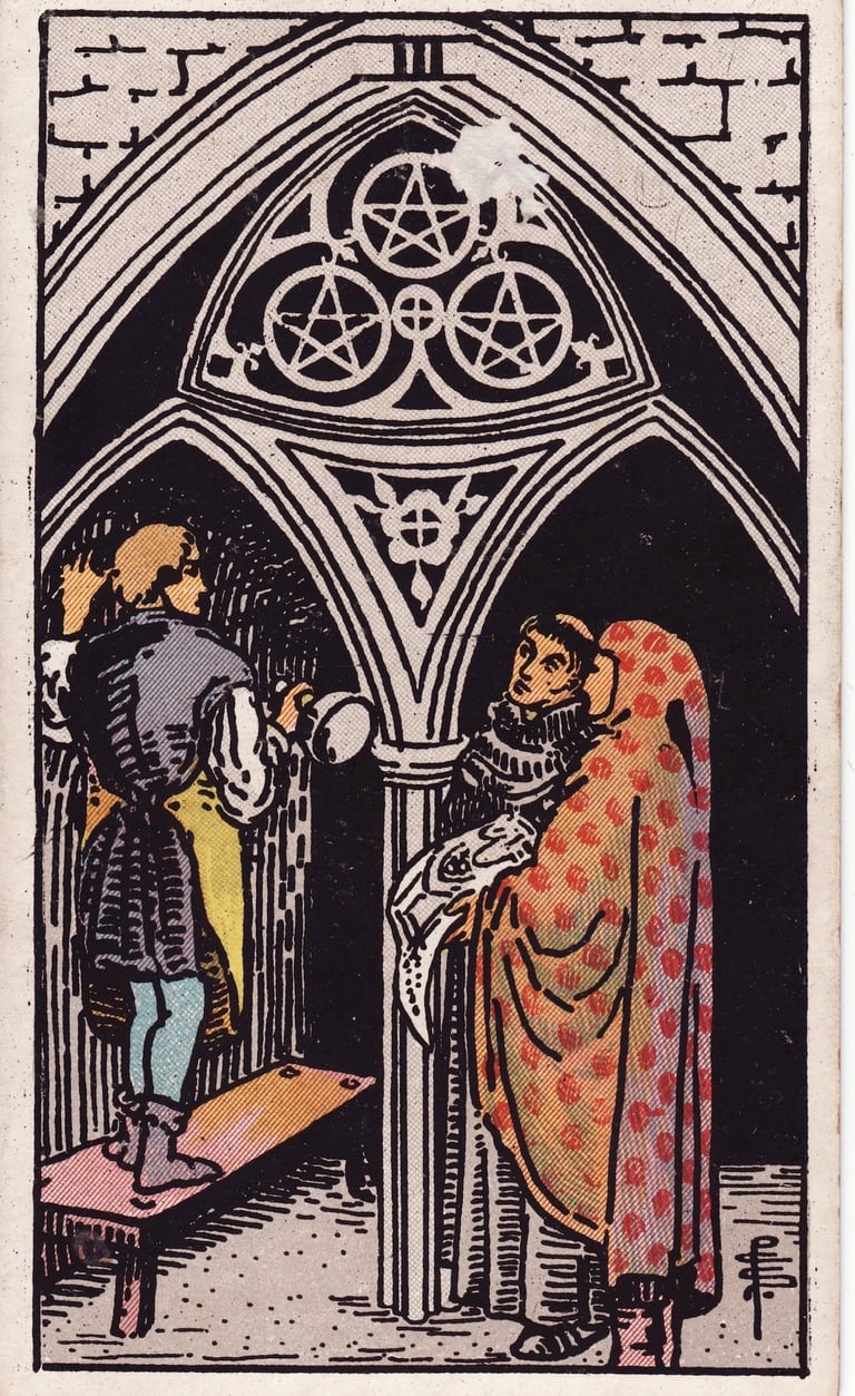 Three of Pentacles Tarot Card Meaning Reading Description