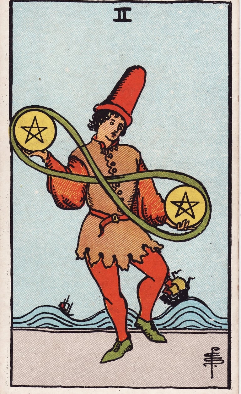 Two of Pentacles Tarot Card Meaning Reading Description 