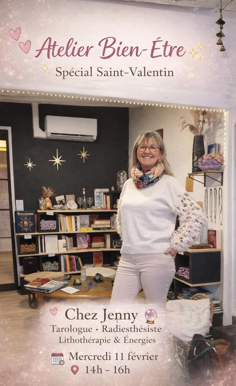 Sandrine Thibault at Arcanum Leviosa wellness workshop for Valentine's Day tarot and lithotherapy.
