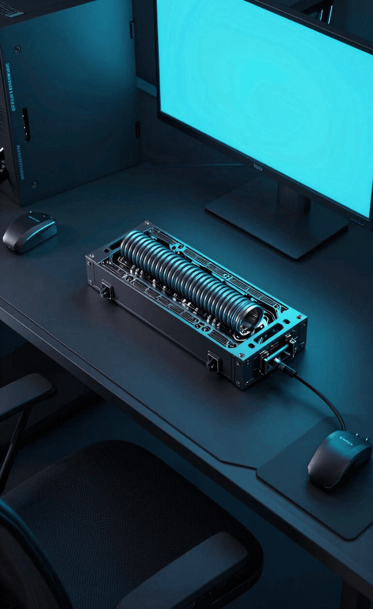 Overhead technical desk layout, showing a TensorCoil hardware unit placed between a multi-monitor setup and a workstation chair, sharp low-key neon lighting, deep obsidian and electric cyan tones, industrial tech photography, high contrast