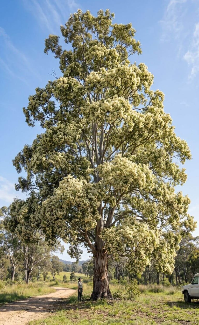 a giant yellow box tree in full bloom
