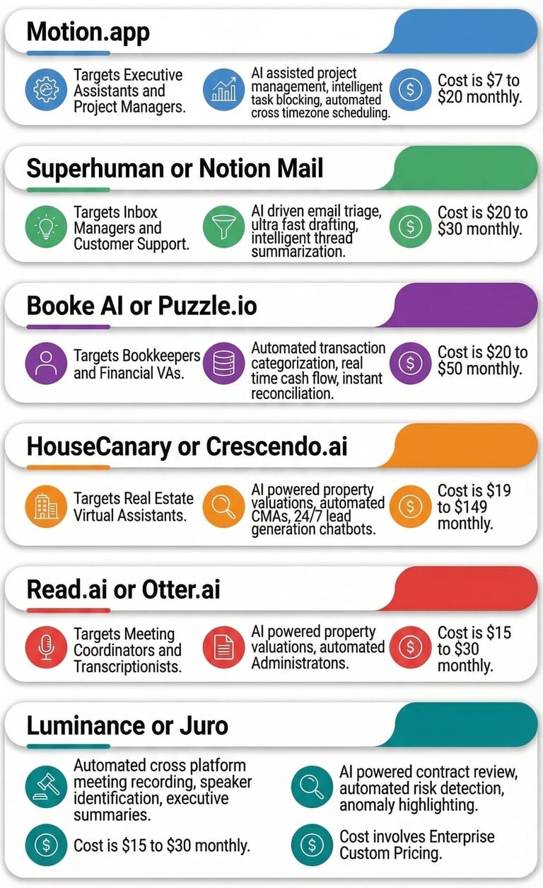 Comparison infographic of AI productivity tools for virtual assistants showing features and monthly pricing.