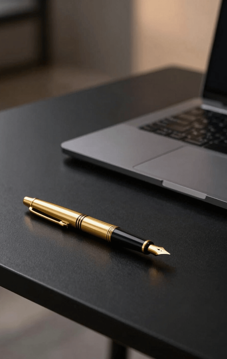 A high-end, minimalist office desk with a matte black surface. On the desk sits a sleek laptop and a sophisticated gold fountain pen. The background is softly blurred with warm lighting, reflecting an authoritative and professional atmosphere. The color palette features matte black and muted gold tones.