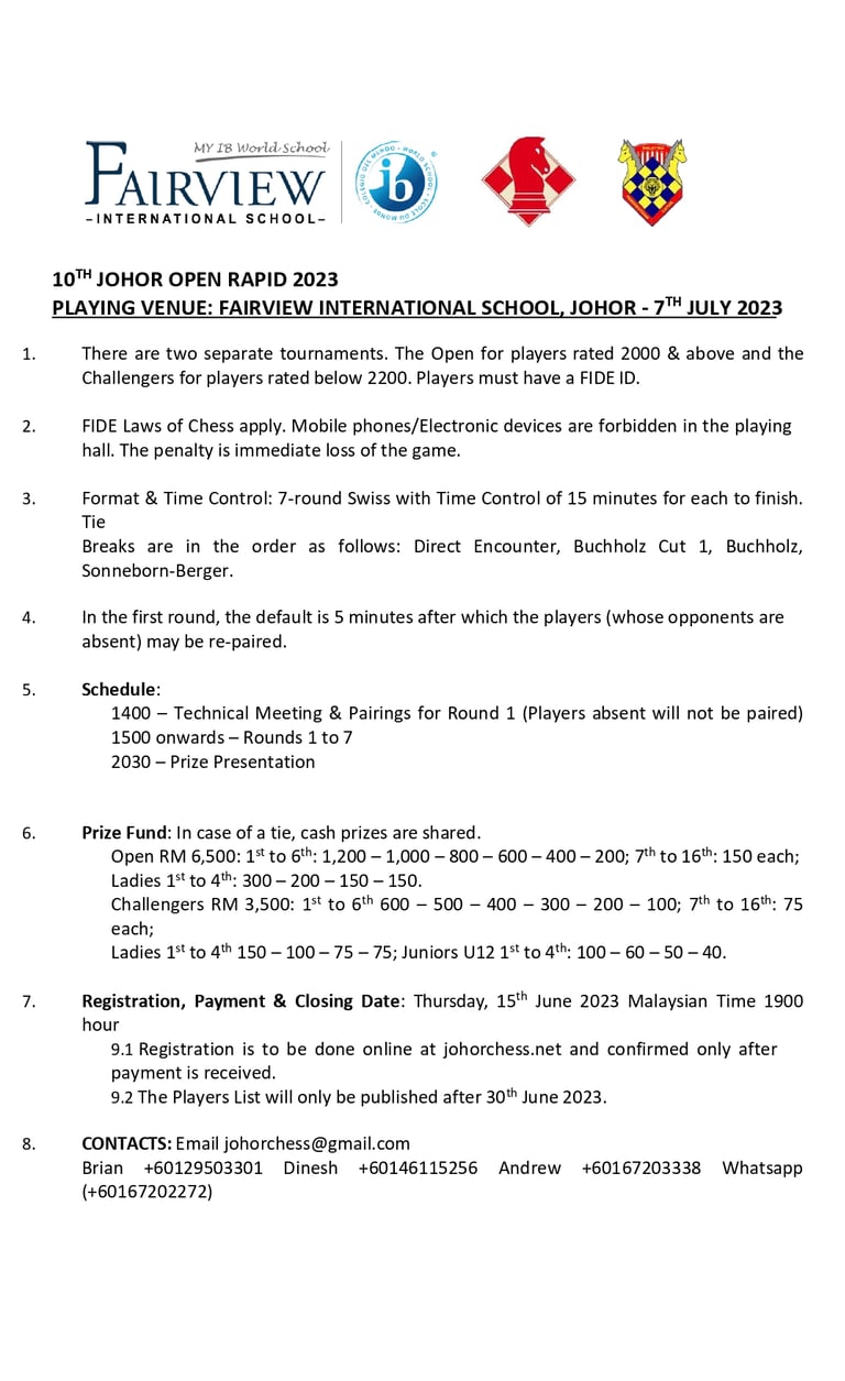 10th Johor Chess Open Rapid - ASEAN Chess Series. Malaysia Chess. Johor Open 2023