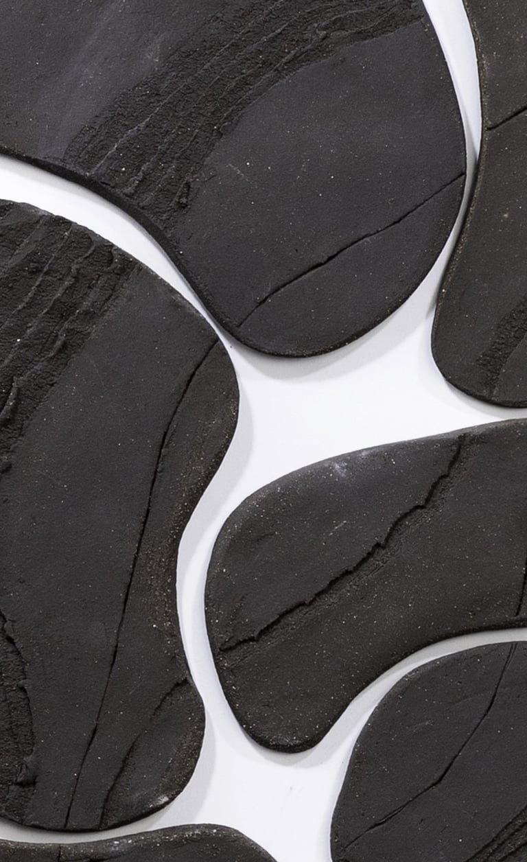 estelle del artiste détail de sculptures terres murales en terre noire