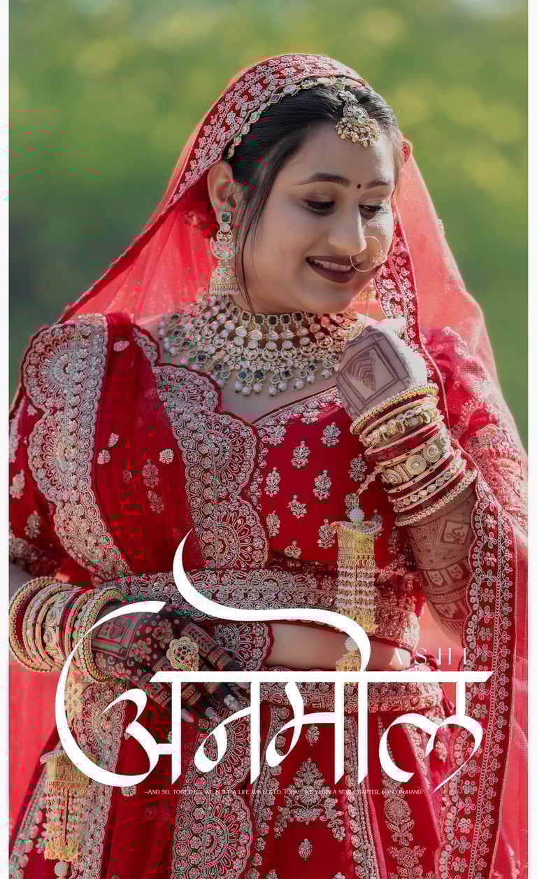 Stunning close-up of Indian bride looking down, flawless bridal makeup, heavy kundan jewelry and red