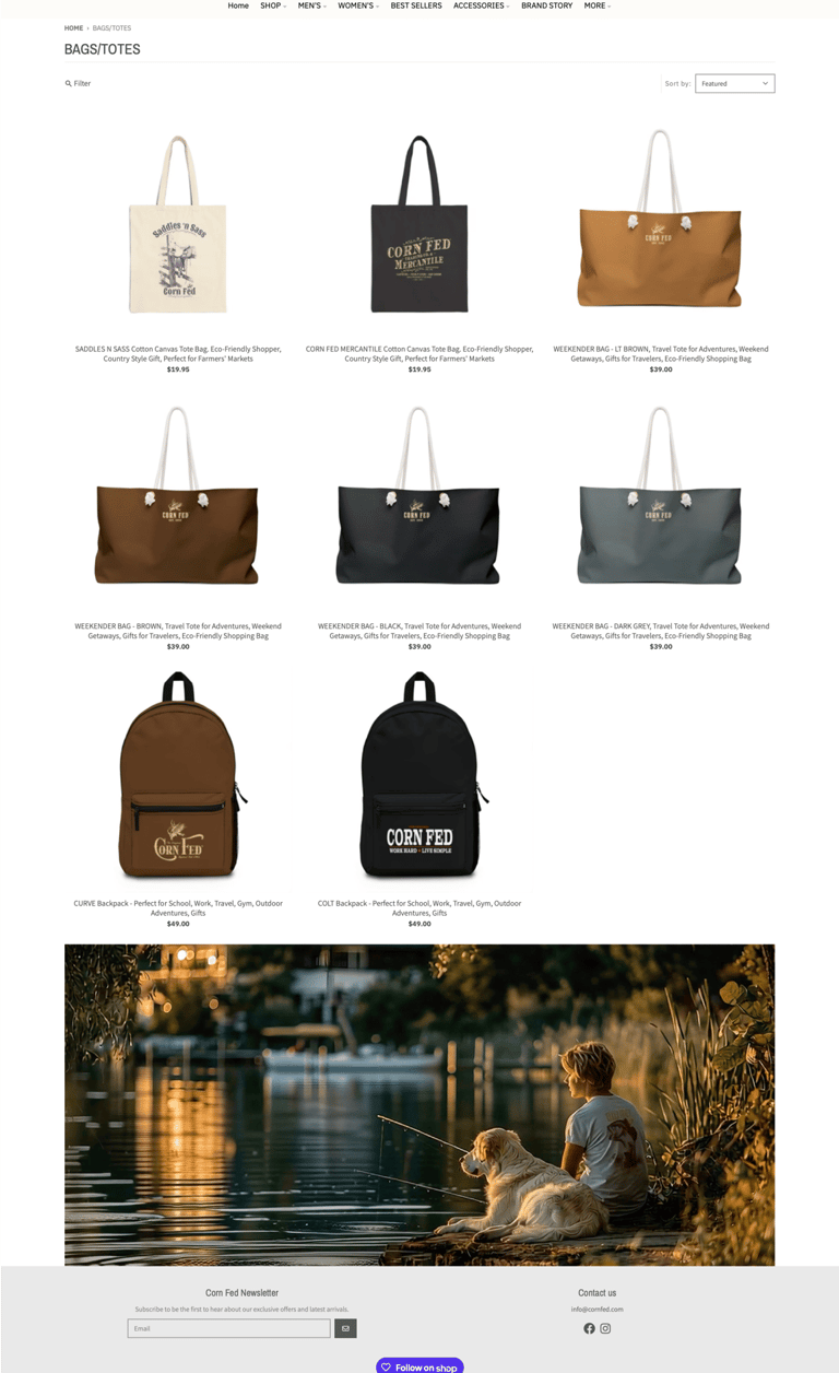 A collection of Corn Fed canvas tote bags and durable backpacks displayed on a e-commerce storefront.
