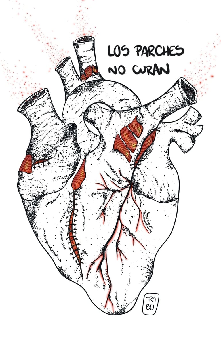 Ilustración de un corazón, hecha por mí, dónde se refleja un corazón con heridas
