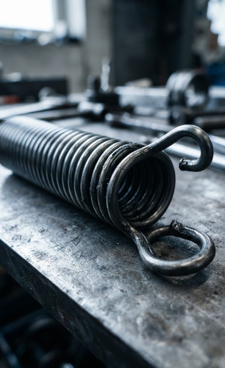 Close-up, sharp industrial photography of a heavy-gauge steel torsion spring, crisp cool tones, high contrast, shallow depth of field, bright natural daylight.