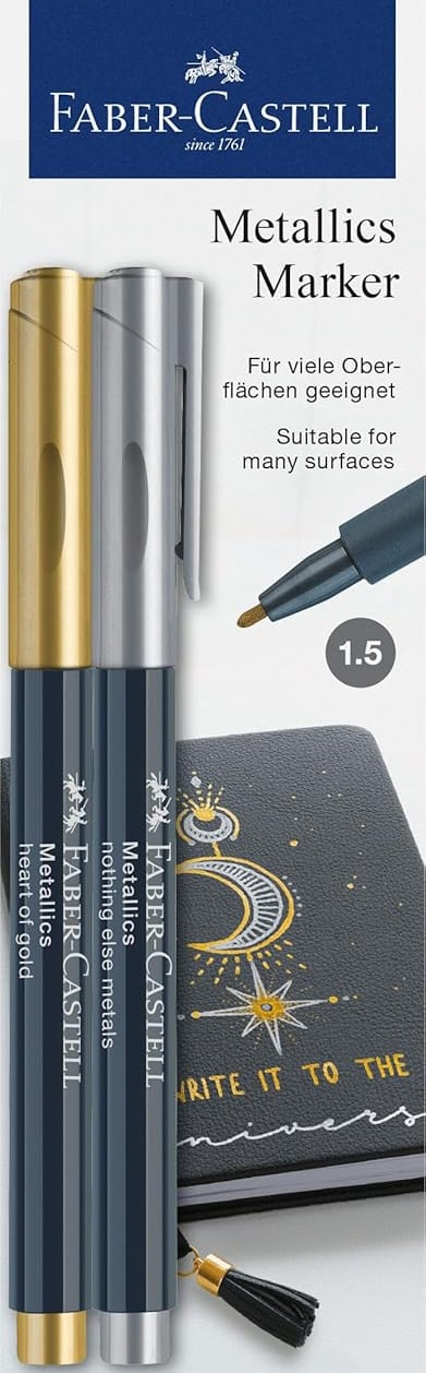 Faber-Castell gold and silver metallic markers in blister packaging for calligraphy and crafts.