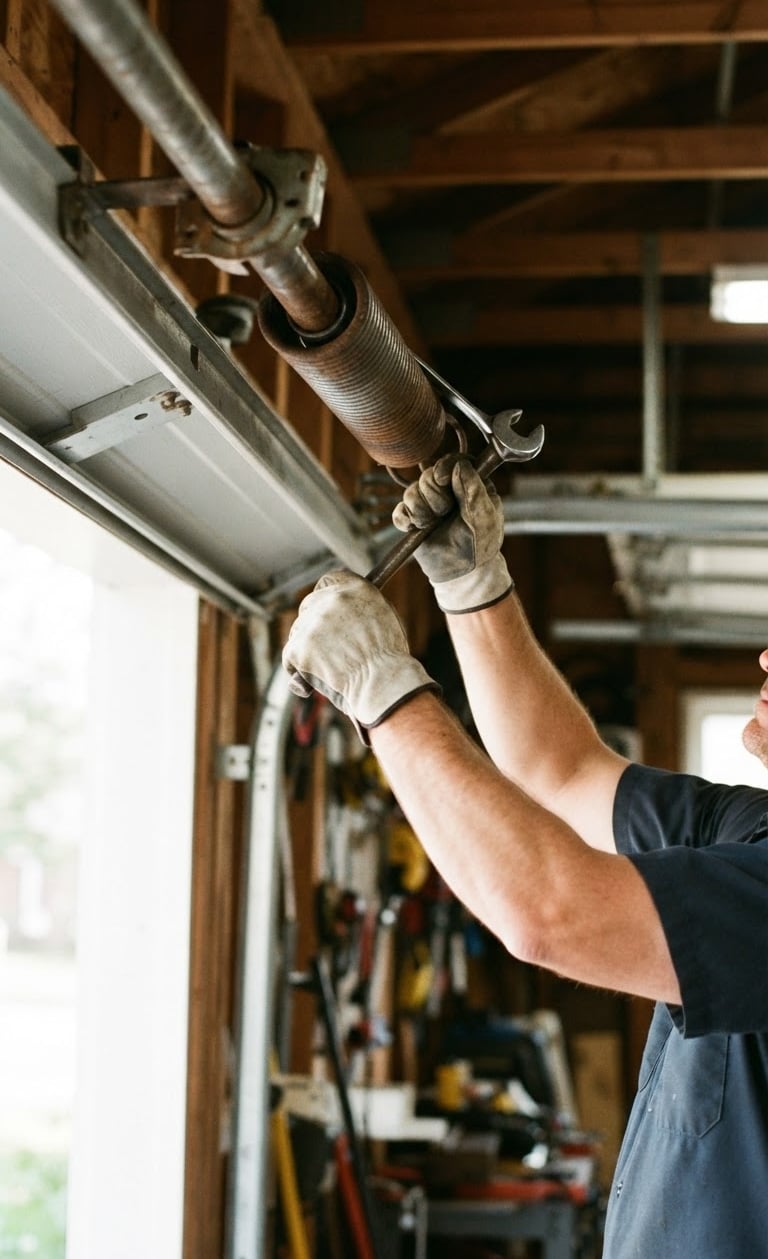 Technician's hands expertly replacing a heavy-duty torsion spring on a garage door, bright natural daylight, rich industrial tones, sharp focus, 35mm