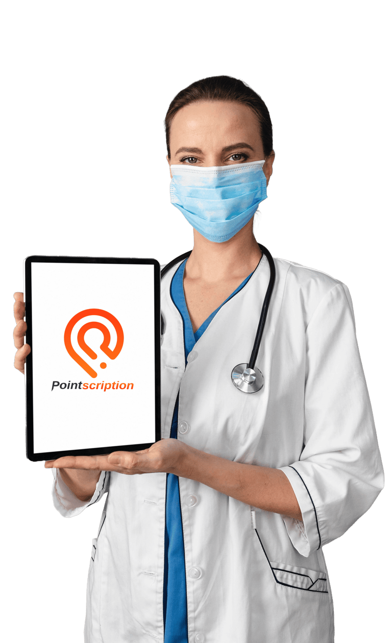 Doctor holding-ipad -with pointscription-logo