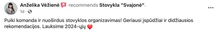 Tėvų atsiliepimai apie vasaros stovyklą Svajonė