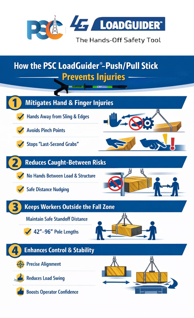Hands-free lifting safety website design for PSC LoadGuider push pull stick with blue footer and cle
