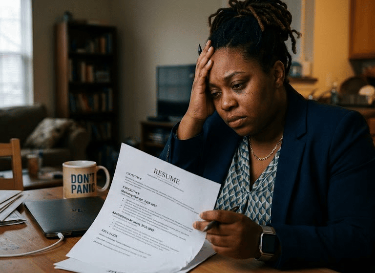 Stressed woman reviewing her resume at home, representing the challenges of job hunting and career transitions.
