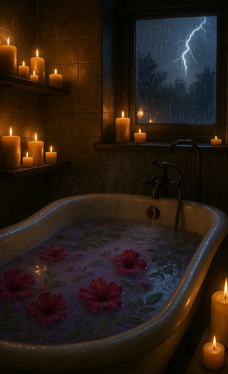 a bathtub with candles and flower petals in a dark room