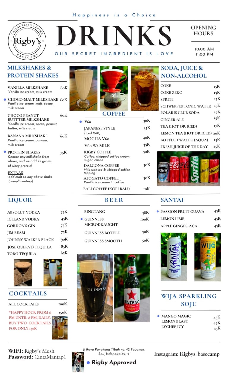 Rigby's drinks menu