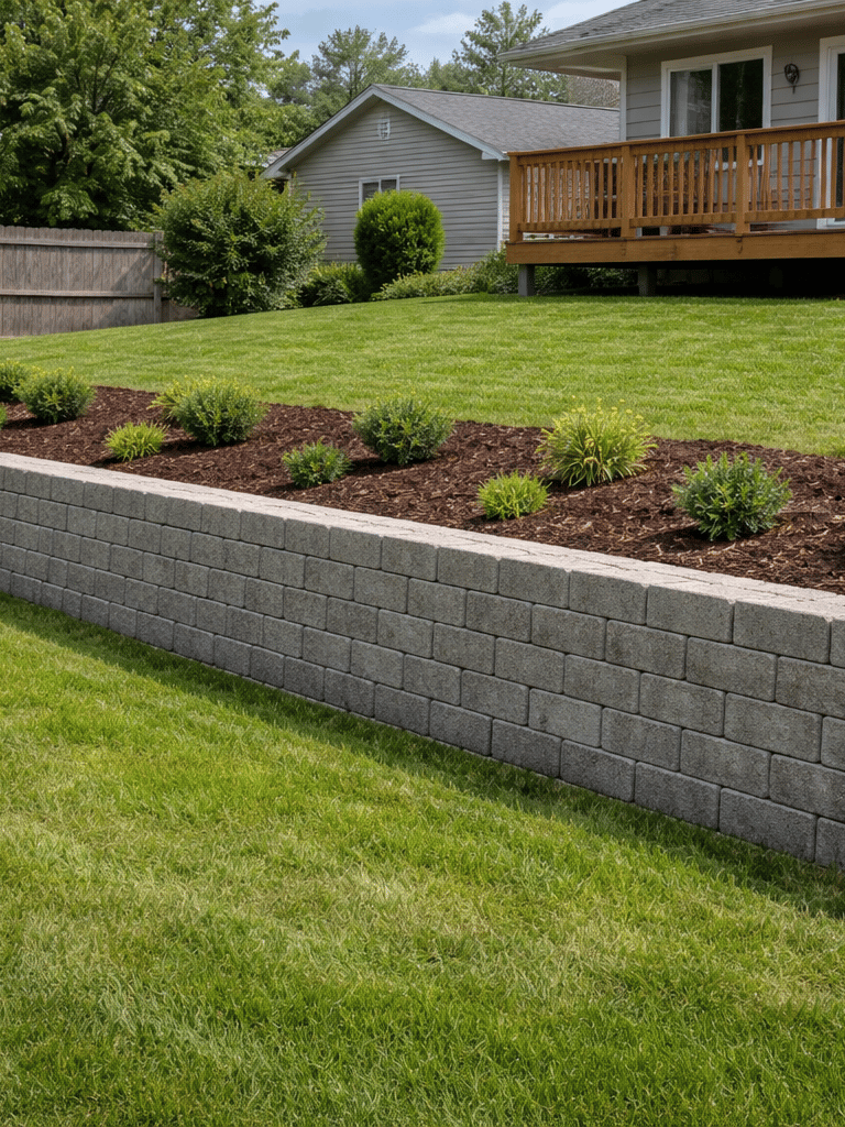 Concrete block retaining wall in a backyard landscape with brown mulch and green shrubs.