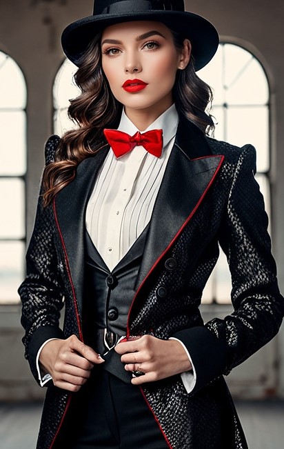 AI created image of model wearing red bowtie with tuxedo-style jacket and vest.