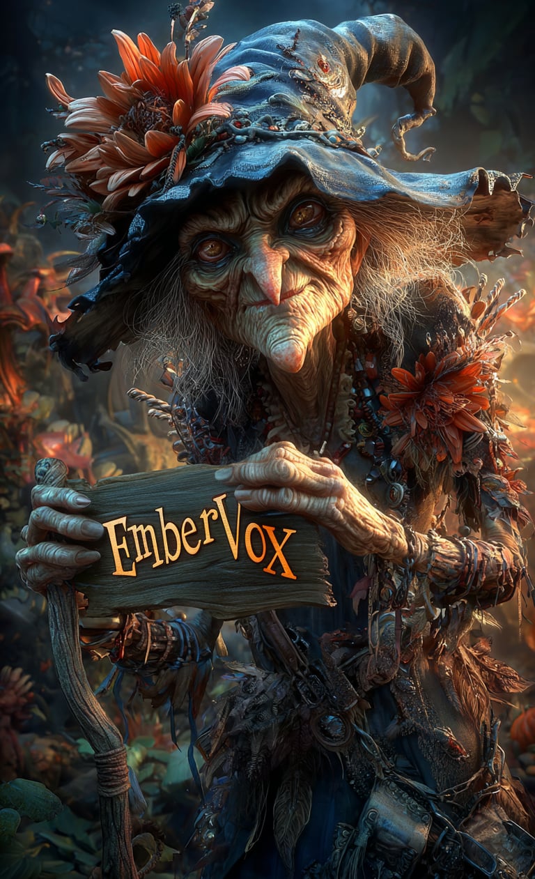 halloween witch holding a wooden sign that says EmberVox