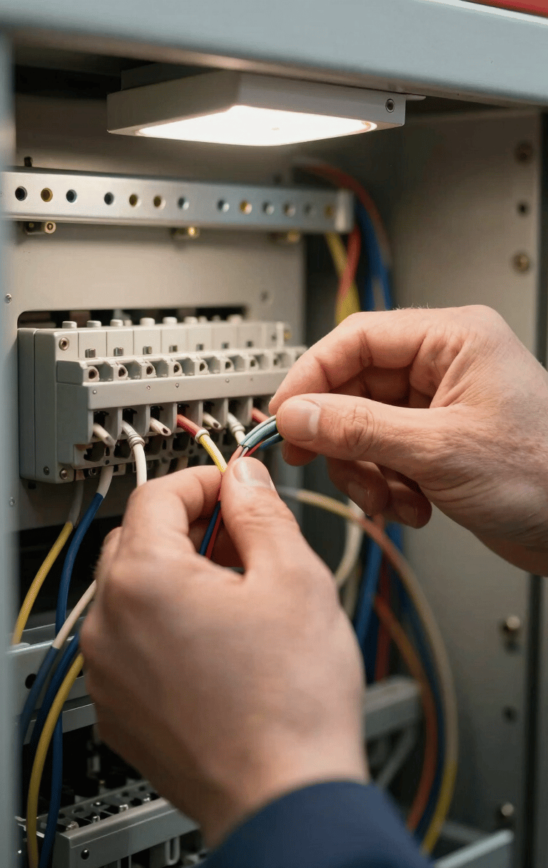 Extreme close-up of a technician's hands routing and terminating wires inside an open control panel enclosure, ring-type terminals visible, overhead shop light casting sharp shadows across the wire bundle, steel DIN rail in background