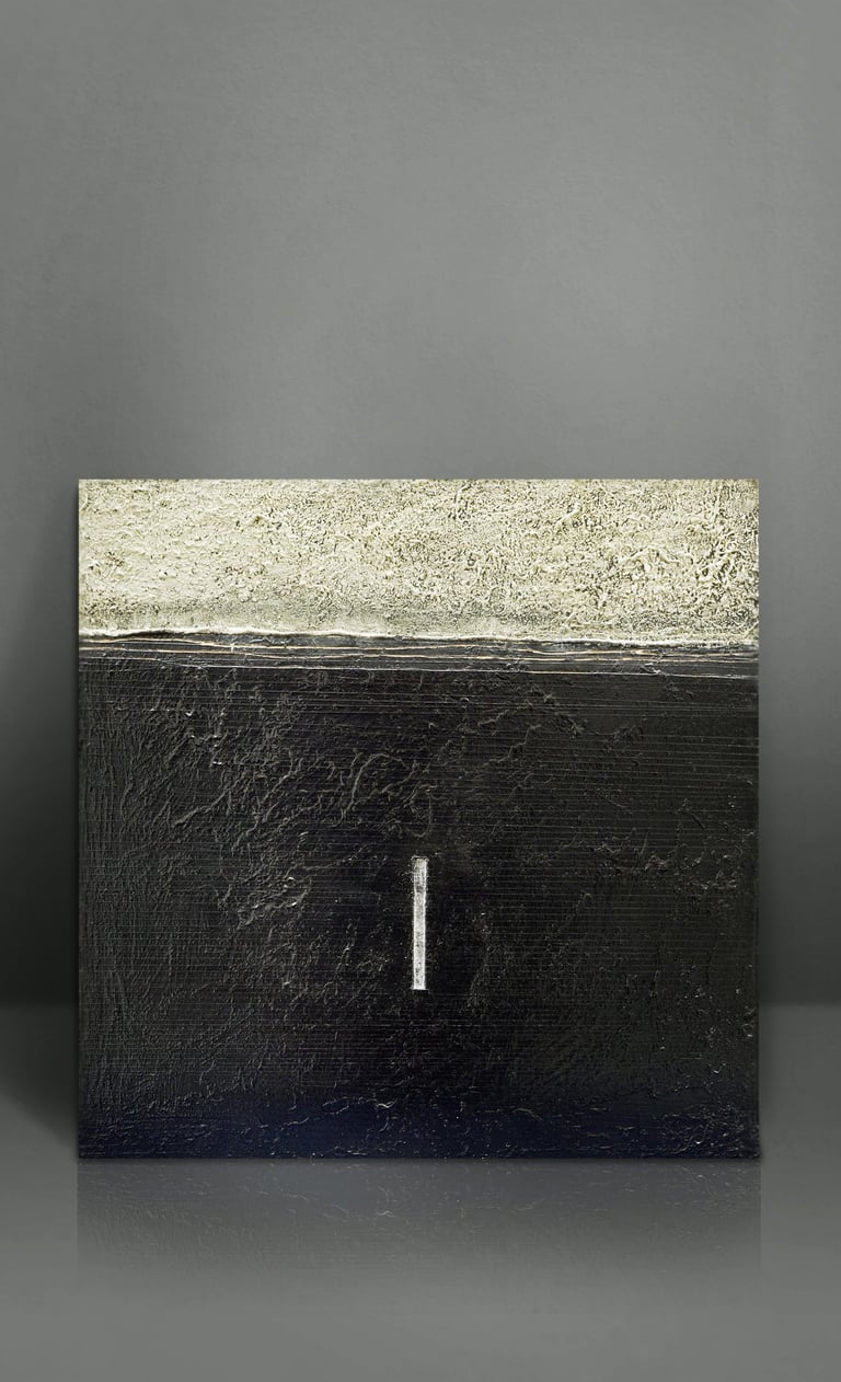 Textured abstract painting featuring a black and gold landscape with a vertical white line.