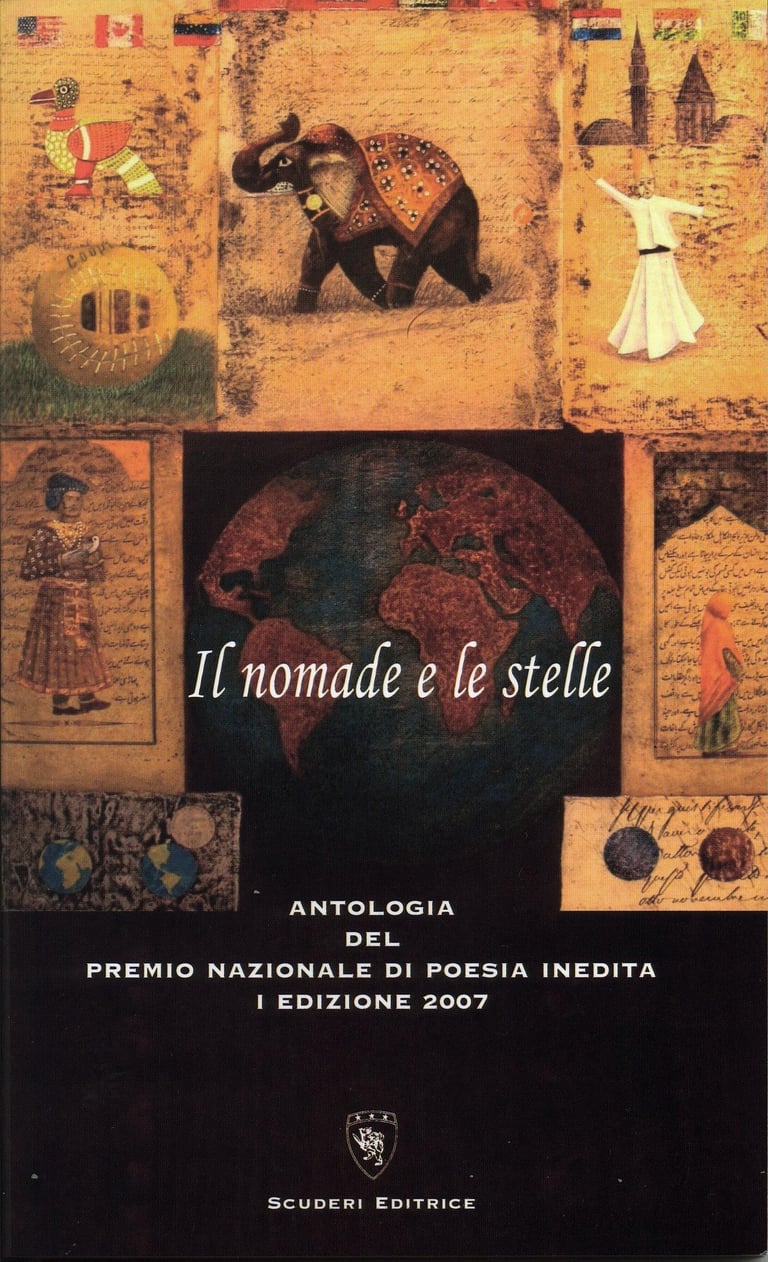 Il nomade e le stelle poetry anthology cover featuring cultural illustrations of an elephant, globe, and whirling dervish.