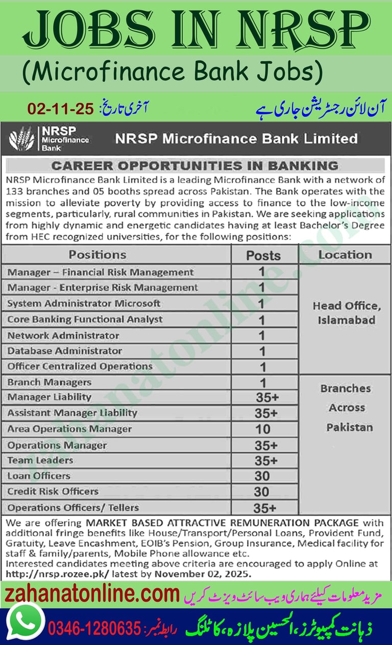 Ad of NRSP Microfinance Bank jobs for branch managers and loan officers November 2025