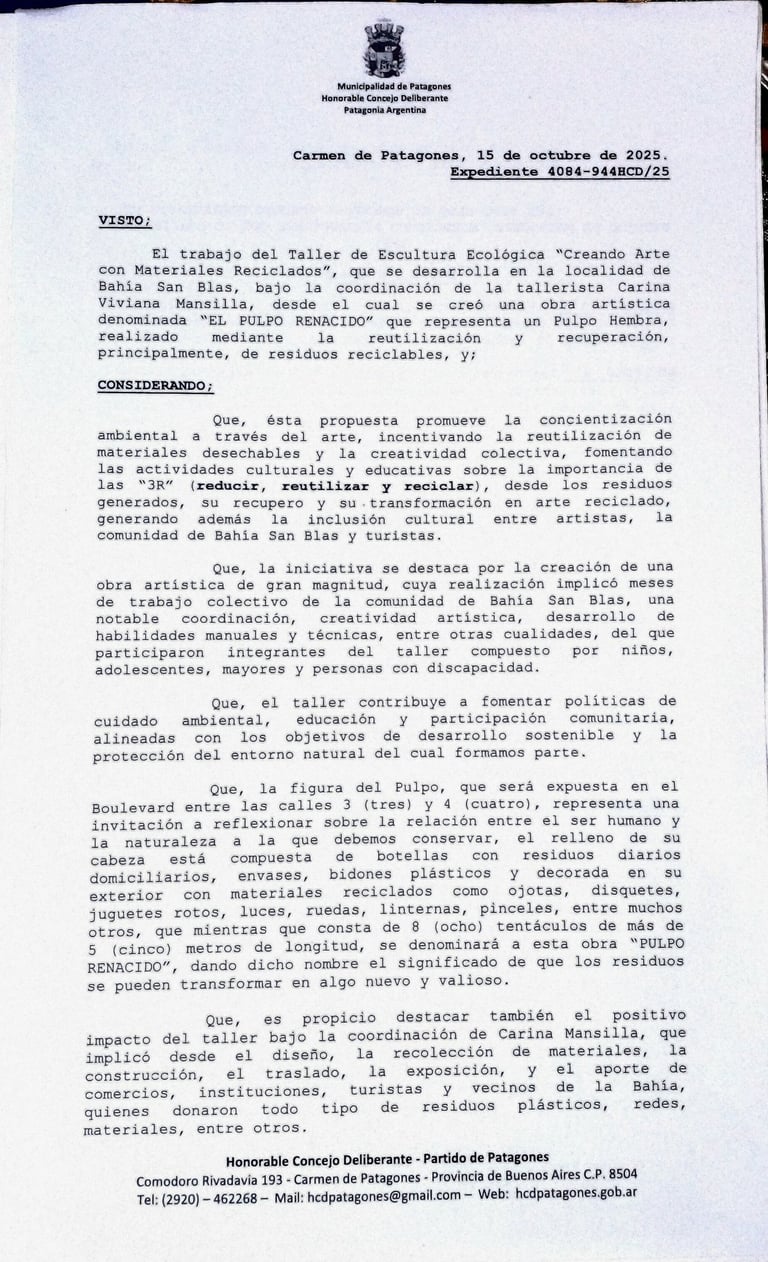  NOMBRAMIENTO INTERÉS MUNICIPAL POR EL HONORABLE CONSEJO DELIBERANTE DE PATAGONES,