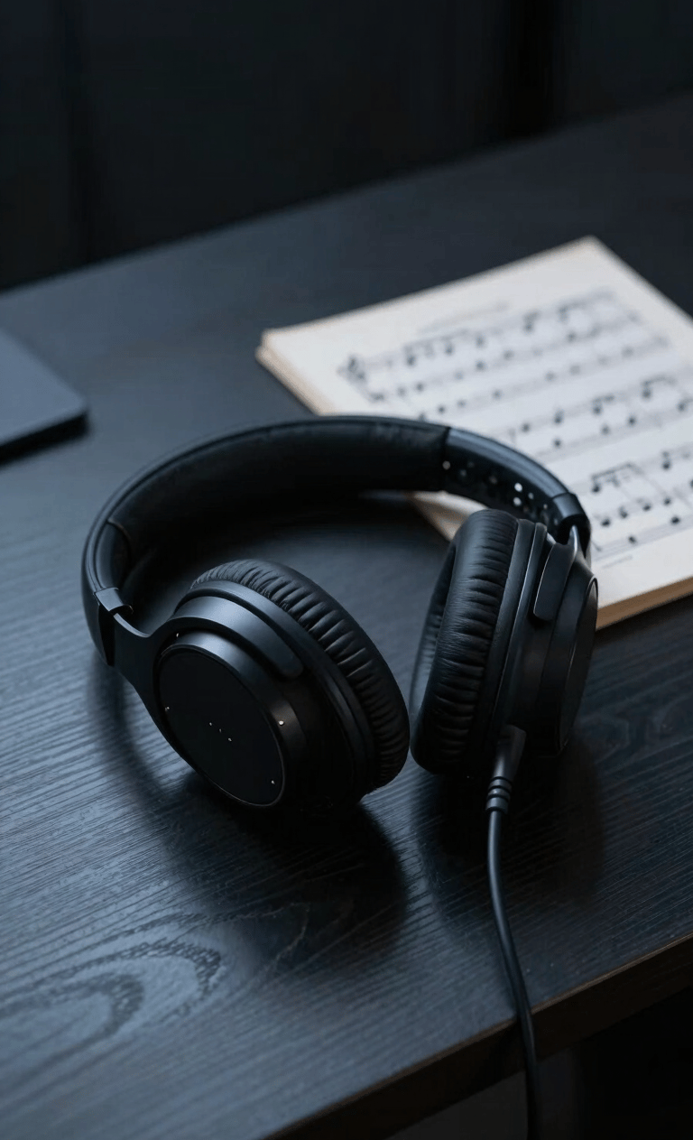 A pair of high-fidelity headphones resting on a dark, minimalist wooden desk next to a blurred orchestral music score. The lighting is low-key and dramatic, using deep black and medium blue tones. International / Global professional studio setting.