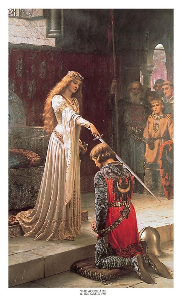 Une reine en roble blanche adoube un chevalier